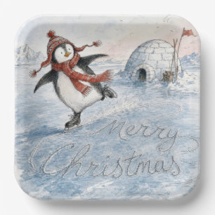 Prettig kerstfeest Pinguïn op schaatsen Papieren Bordje