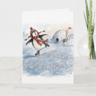 Prettig kerstfeest Pinguïn Schaatsen Humor Kaart