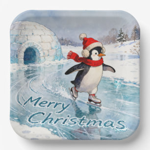 Prettig kerstfeest Pinguïn Schaatsen Papieren Bordje