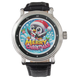 Prettig kerstfeest Pinguïn waterspatten Horloge