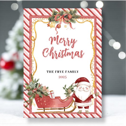 Prettig kerstfeest platte kerstkaart Kerstman slee