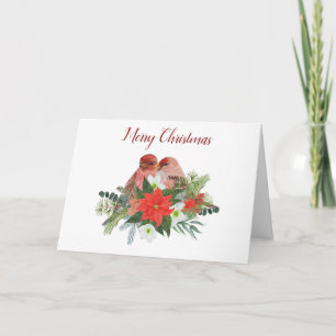 Prettig kerstfeest Poinsettia en twee rode vogels  Kaart