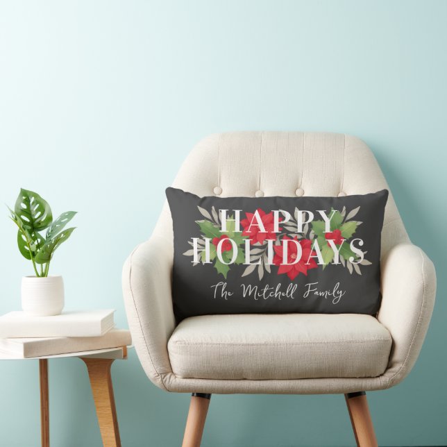 Prettig Kerstfeest Poinsettia Hulst Houtskool Kers Kussen (Stoel)