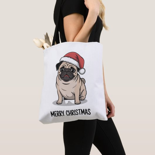 Prettig kerstfeest Pug Hond Sinterklaas Hoed Kerst Tote Bag (Dichtbij)