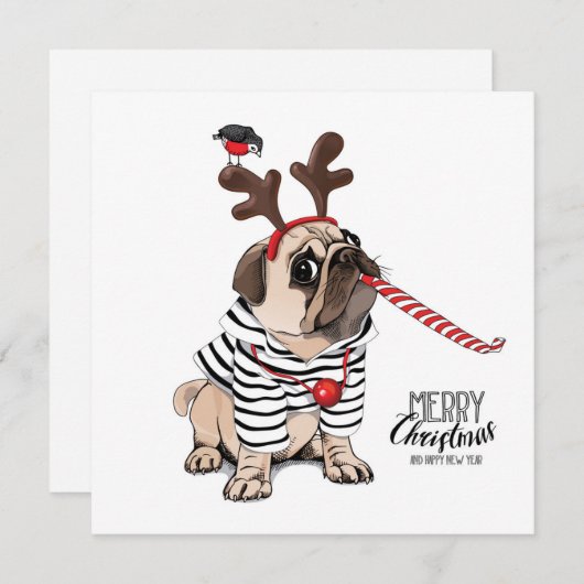 Prettig kerstfeest | Pug Rendier Kaart (Voorkant / Achterkant)