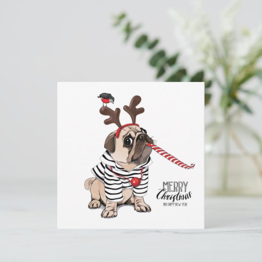 Prettig kerstfeest | Pug Rendier Kaart (Staand voorkant)