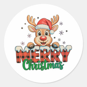 Prettig kerstfeest rendier Kerstmis rood geruit Bu Ronde Sticker