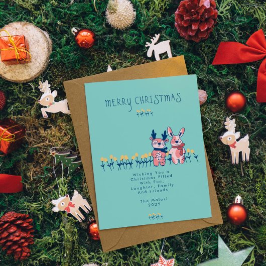 Prettig Kerstfeest – Rendier & Konijn op Teal Briefkaart