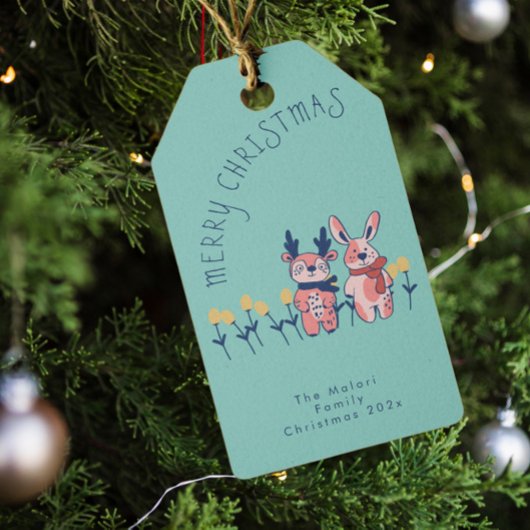 Prettig Kerstfeest – Rendier & Konijn op Teal Cadeaulabel