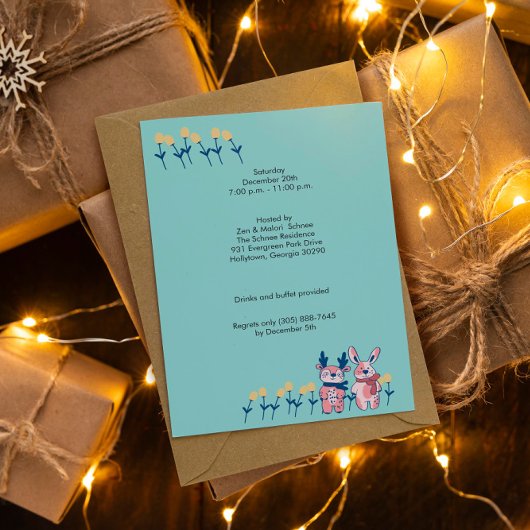 Prettig Kerstfeest – Rendier & Konijn op Teal Kaart