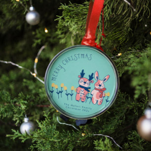 Prettig Kerstfeest – Rendier & Konijn op Teal Metalen Ornament