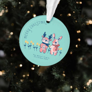 Prettig Kerstfeest – Rendier & Konijn op Teal Ornament
