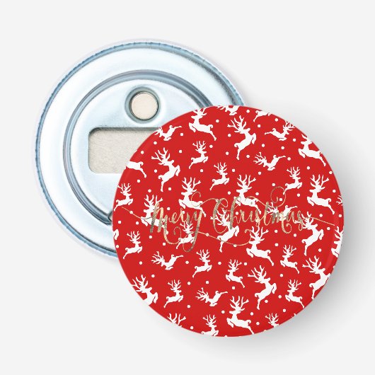 Prettig kerstfeest Rendieren Rood Button Flesopener (Voorkant)