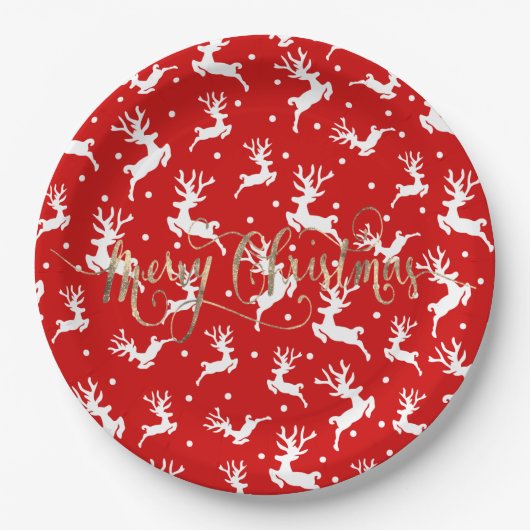Prettig kerstfeest Rendieren Rood Papieren Bordje (Voorkant)