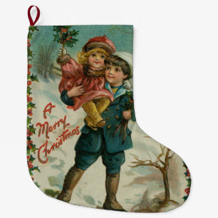 Prettig kerstfeest - retro ansichtkaart, kinderen, grote kerstsok