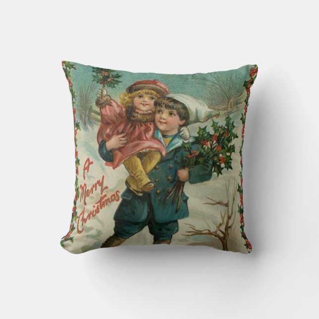Prettig kerstfeest - retro ansichtkaart, kinderen, kussen (Voorkant)