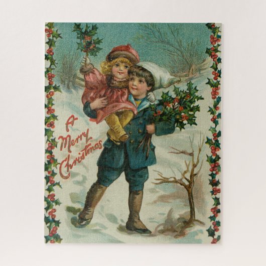 Prettig kerstfeest - retro ansichtkaart, kinderen, legpuzzel (Verticaal)