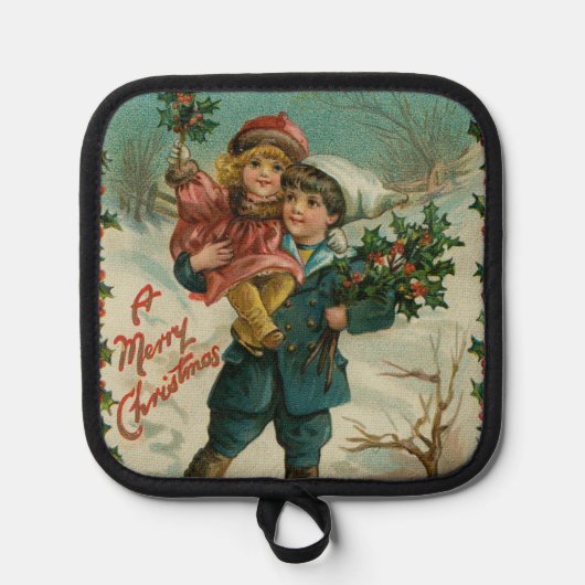 Prettig kerstfeest - retro ansichtkaart, kinderen, pannenlap (Voorkant)