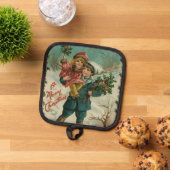 Prettig kerstfeest - retro ansichtkaart, kinderen, pannenlap (Top down)