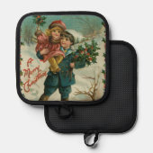 Prettig kerstfeest - retro ansichtkaart, kinderen, pannenlap (Voorkant / Achterkant)