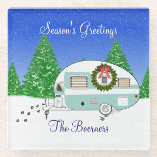 Prettig kerstfeest Retro Camper Caravan Glazen Onderzetter