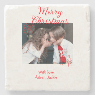 Prettig kerstfeest retro kerstboom kids foto na stenen onderzetter