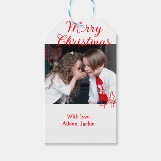 Prettig kerstfeest retro kerstboom kinderen foto n cadeaulabel (Voorkant)