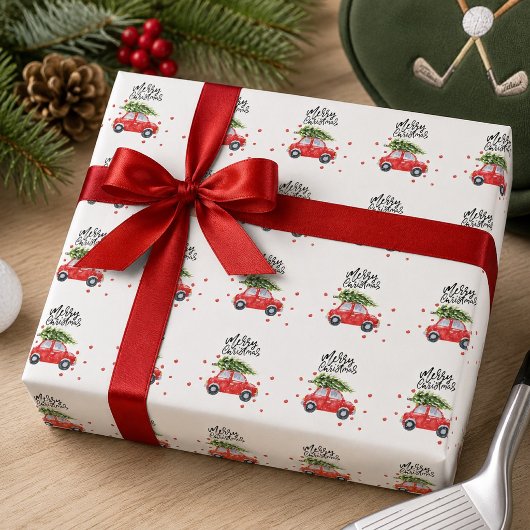 Prettig kerstfeest rode auto met kerstboom cadeaupapier