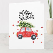 Prettig kerstfeest rode auto met kerstboom   kaart (Voorkant)