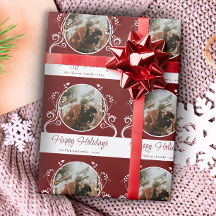 Prettig Kerstfeest Rode Blad Familie Foto Cadeaupapier