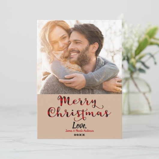 Prettig kerstfeest rode buffelruit stof afdruk fot feestdagenkaart (Staand voorkant)