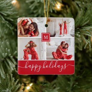 Prettig Kerstfeest Rode Familie Fotocollage Monogr Keramisch Ornament