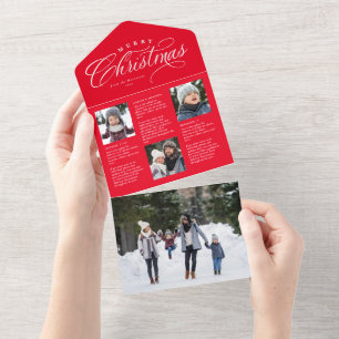 Prettig kerstfeest rode familie update drievoudige all in one uitnodiging