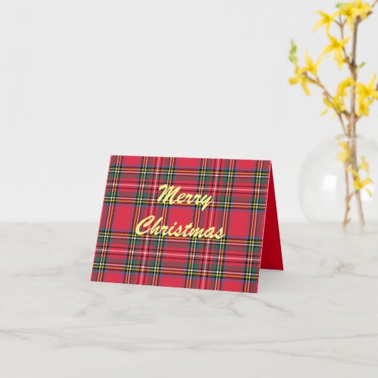 Prettig kerstfeest rode geruite opgevouwen wenskaa kaart (Gele Bloem)