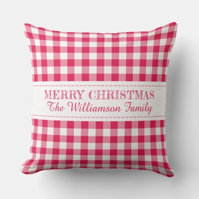 Prettig kerstfeest Rode Gingham Monogram Naam Buitenkussen (Voorkant)