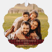 Prettig kerstfeest rode Gingham Script Foto Ornament Kaart (Achterkant)