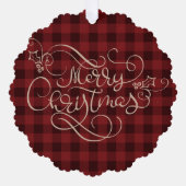 Prettig kerstfeest rode Gingham Script Foto Ornament Kaart (Voorkant)
