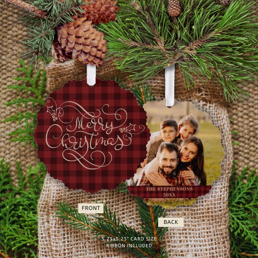 Prettig kerstfeest rode Gingham Script Foto Ornament Kaart