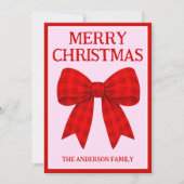 Prettig kerstfeest rode gingham strik feestdagenkaart (Voorkant)