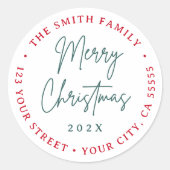 Prettig kerstfeest rode groene script retouradres ronde sticker (Voorkant)