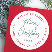 Prettig kerstfeest rode groene script retouradres ronde sticker