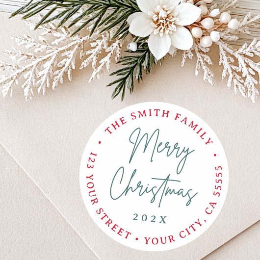 Prettig kerstfeest rode groene script retouradres ronde sticker