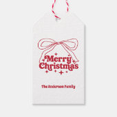 Prettig kerstfeest rode handgetekende strik retro cadeaulabel (Voorkant)