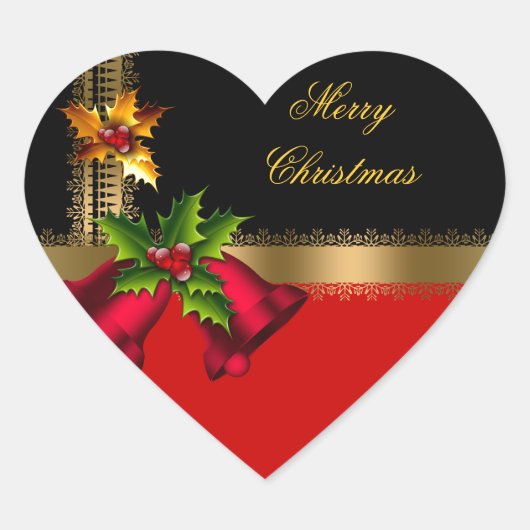 Prettig kerstfeest Rode klokken Zwart Goud Hart Sticker (Voorkant)