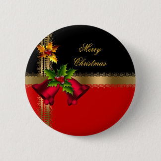Prettig kerstfeest Rode klokken Zwart Goud Ronde Button 5,7 Cm