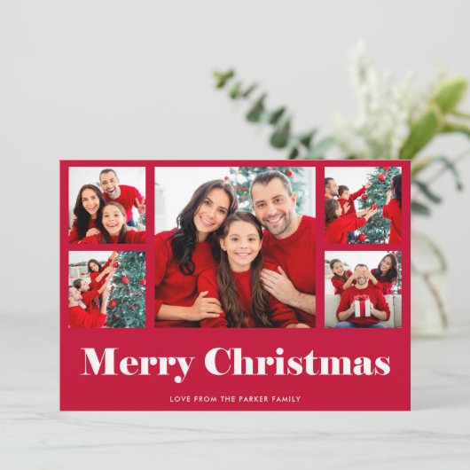 Prettig kerstfeest | Rode moderne fotorooster Feestdagenkaart (Staand voorkant)