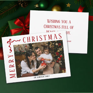 Prettig kerstfeest rode strik foto familienaam jaa feestdagenkaart