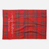 Prettig kerstfeest rode tartan geruite script naam theedoek (Horizontaal)