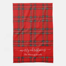 Prettig kerstfeest rode tartan geruite script naam theedoek