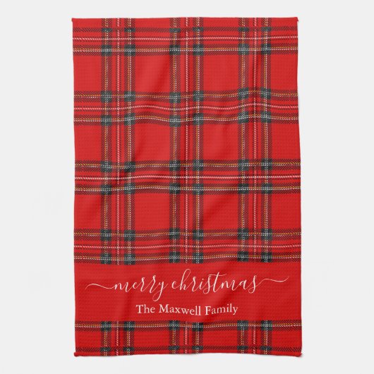 Prettig kerstfeest rode tartan geruite script naam theedoek (Verticaal)